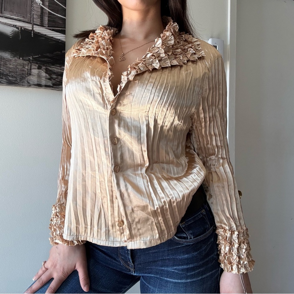 Vintage 90s Gold Pleated Ruffle Collar Blouse